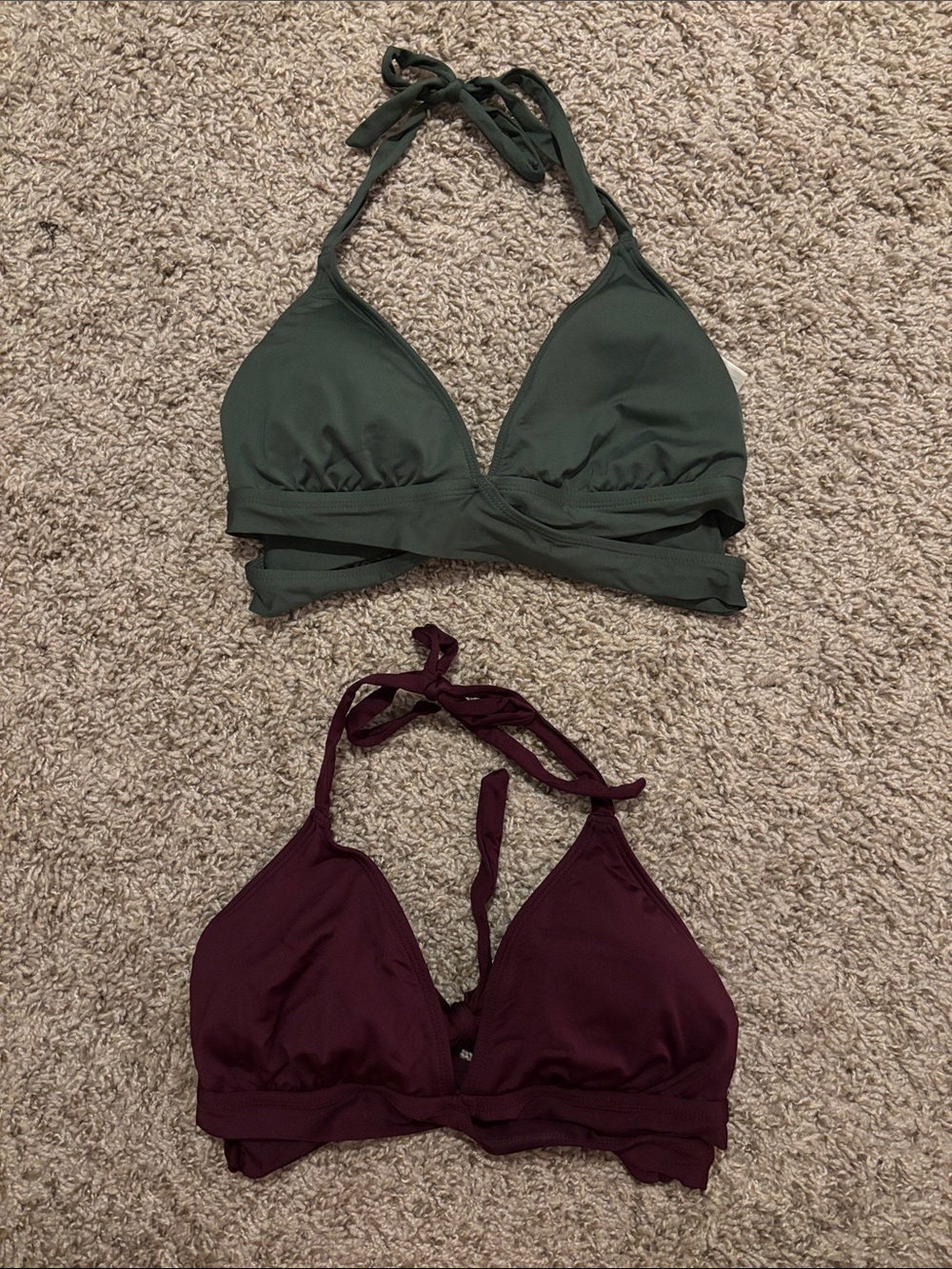 Kona Sol Maroon and Green Faux Wrap Halter Bikini Top Bundle